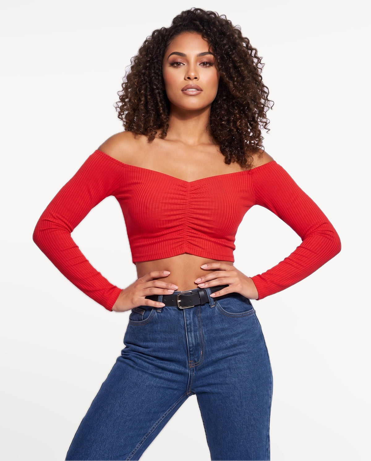 Rosa Bardot Top in Red – emotional pose | SKU: SOR-ROSA-RED-XS,SOR-ROSA-RED-S,SOR-ROSA-RED-M,SOR-ROSA-RED-L,SOR-ROSA-RED-XL