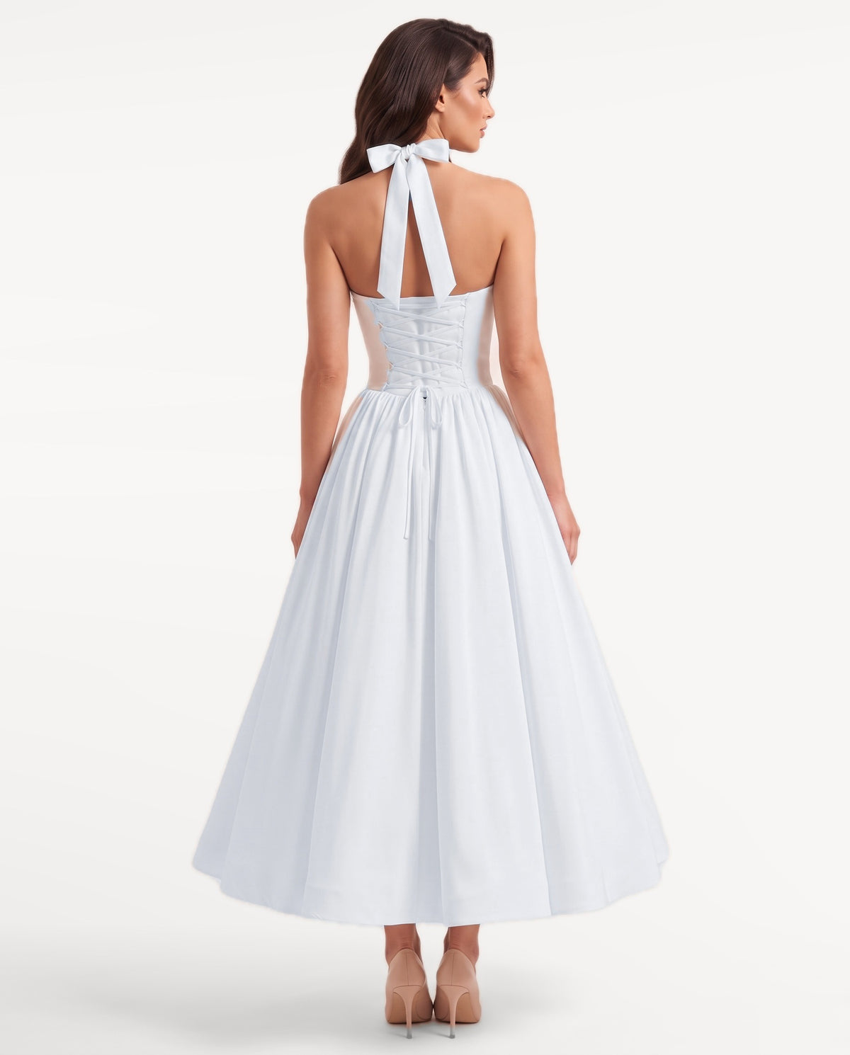 Sabrina Midi Dress in White – back view | SKU: SOR-SABRINA-WHT-XS,SOR-SABRINA-WHT-S,SOR-SABRINA-WHT-M,SOR-SABRINA-WHT-L,SOR-SABRINA-WHT-XL