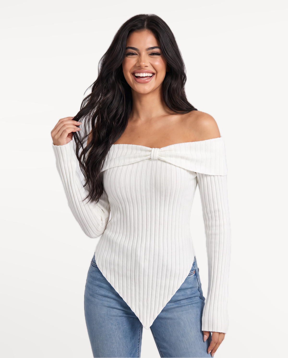 Sabine in White – laughing with hand in hair | SKU: SOR-SAB-WHITE-XS,SOR-SAB-WHITE-S,SOR-SAB-WHITE-M,SOR-SAB-WHITE-L,SOR-SAB-WHITE-XL