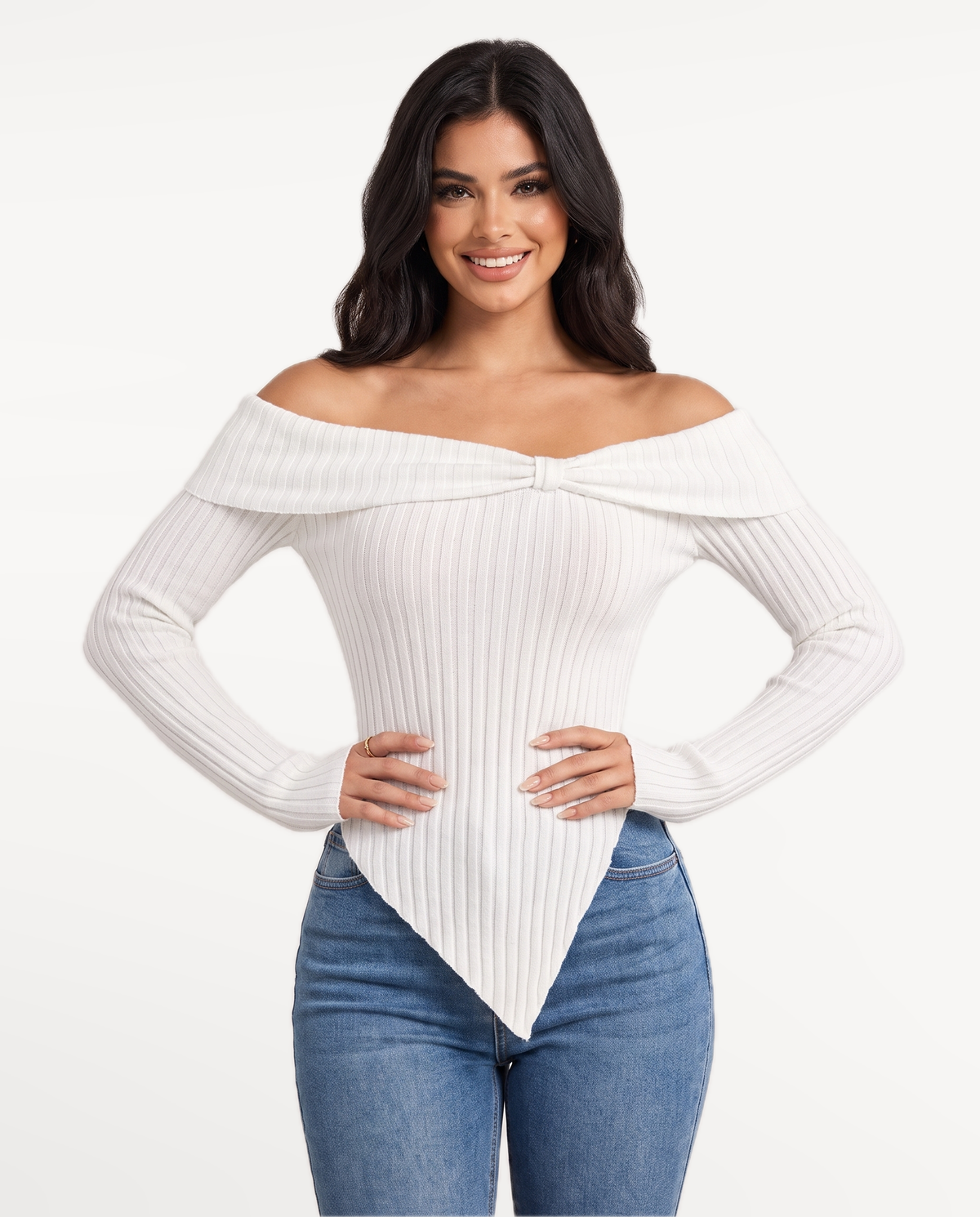Sabine in White – confident hands on waist | SKU: SOR-SAB-WHITE-XS,SOR-SAB-WHITE-S,SOR-SAB-WHITE-M,SOR-SAB-WHITE-L,SOR-SAB-WHITE-XL