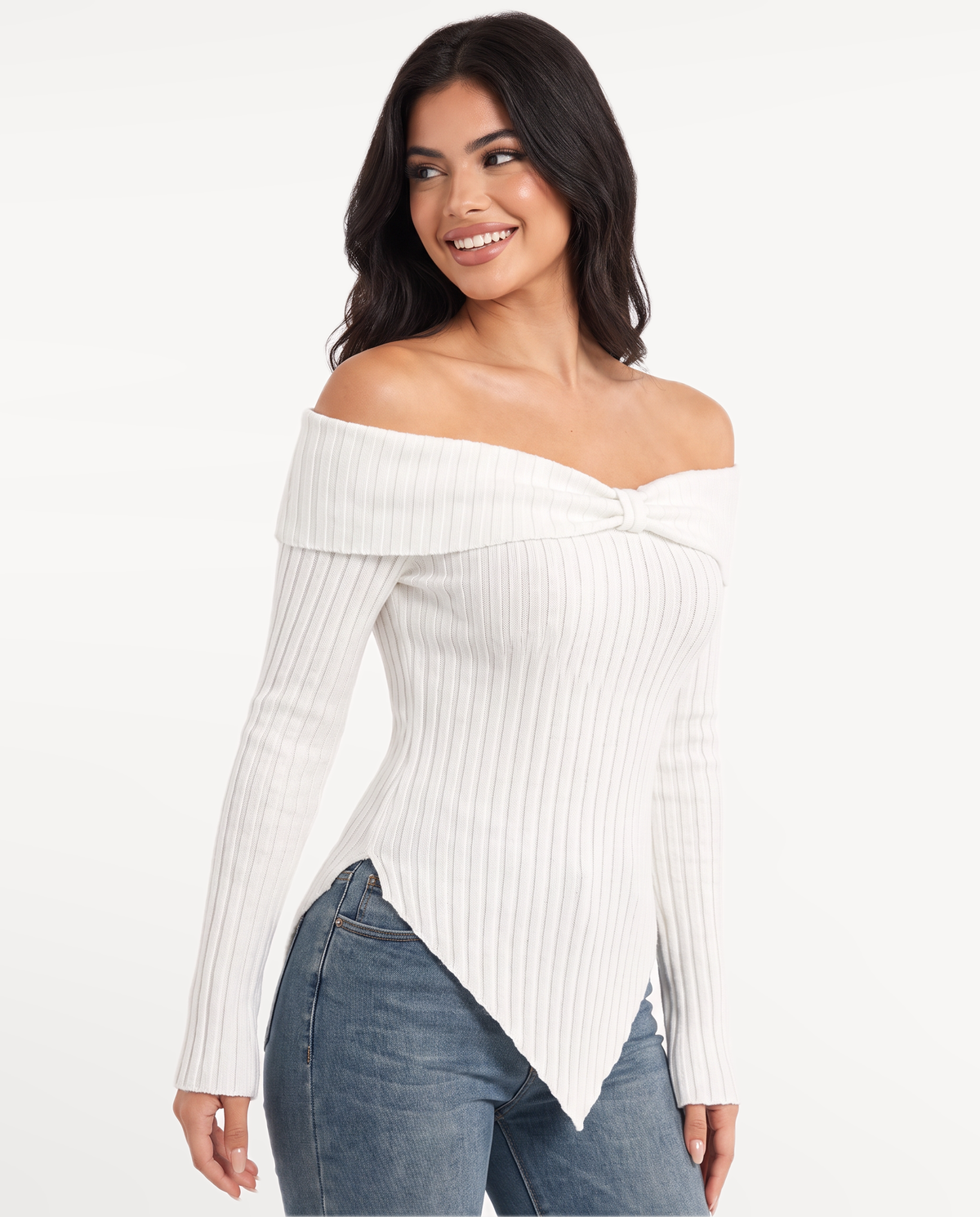 Sabine in White – over-shoulder smile | SKU: SOR-SAB-WHITE-XS,SOR-SAB-WHITE-S,SOR-SAB-WHITE-M,SOR-SAB-WHITE-L,SOR-SAB-WHITE-XL