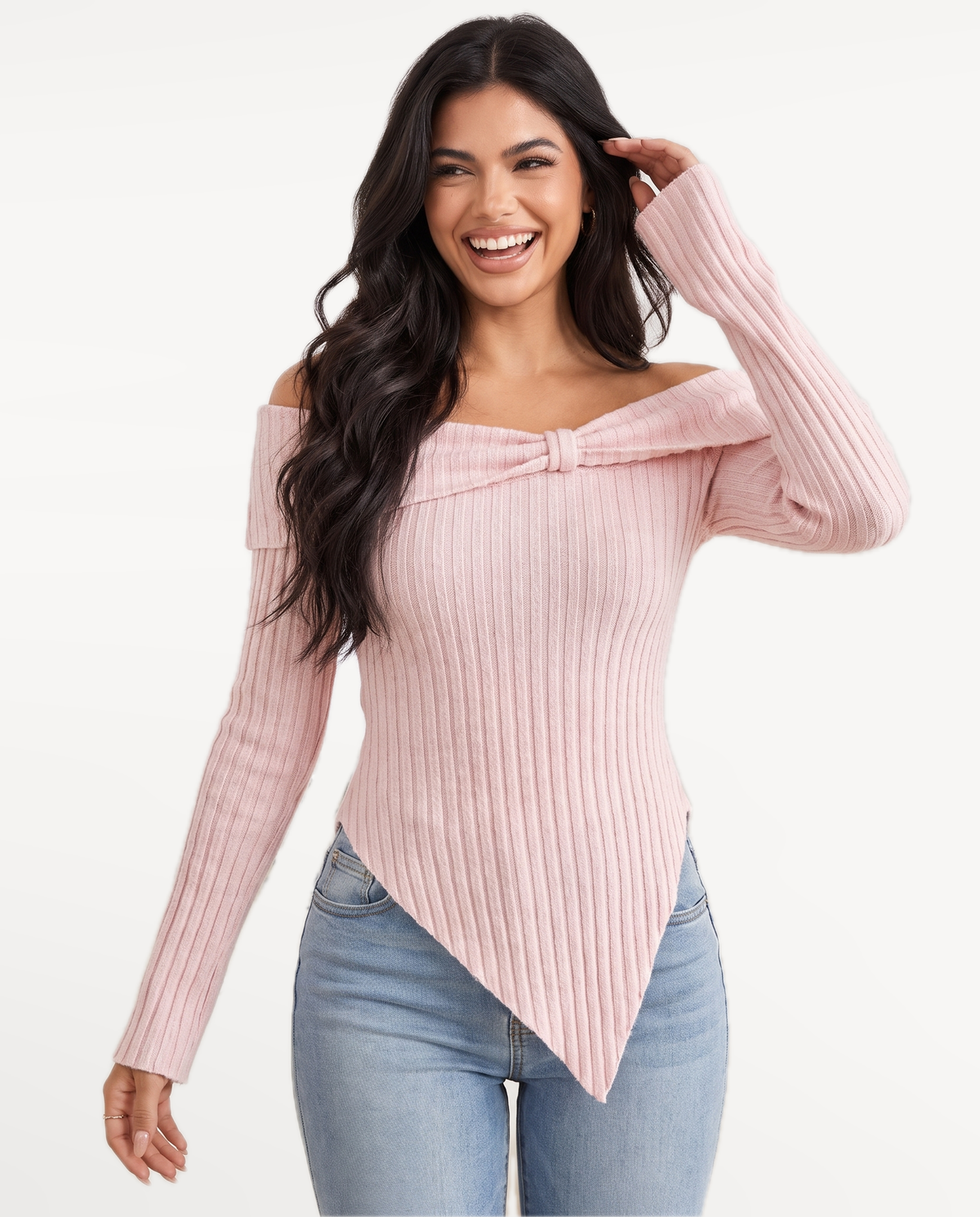 Sabine in Pink – laughing with hand in hair | SKU: SOR-SAB-PINK-XS,SOR-SAB-PINK-S,SOR-SAB-PINK-M,SOR-SAB-PINK-L,SOR-SAB-PINK-XL