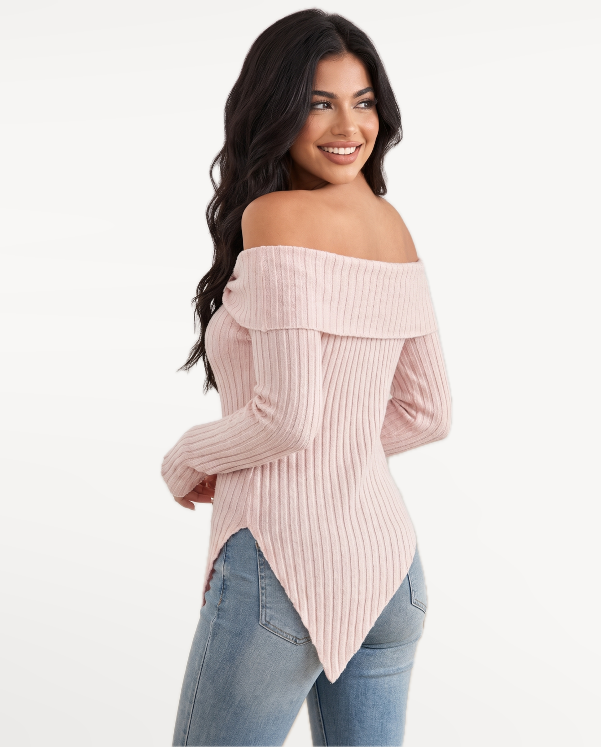 Sabine in Pink – over-shoulder smile | SKU: SOR-SAB-PINK-XS,SOR-SAB-PINK-S,SOR-SAB-PINK-M,SOR-SAB-PINK-L,SOR-SAB-PINK-XL