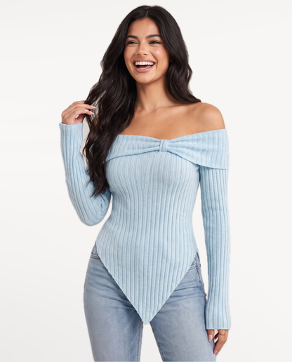 Sabine in Light Blue – laughing with hand in hair | SKU: SOR-SAB-LIGHTBLUE-XS,SOR-SAB-LIGHTBLUE-S,SOR-SAB-LIGHTBLUE-M,SOR-SAB-LIGHTBLUE-L,SOR-SAB-LIGHTBLUE-XL