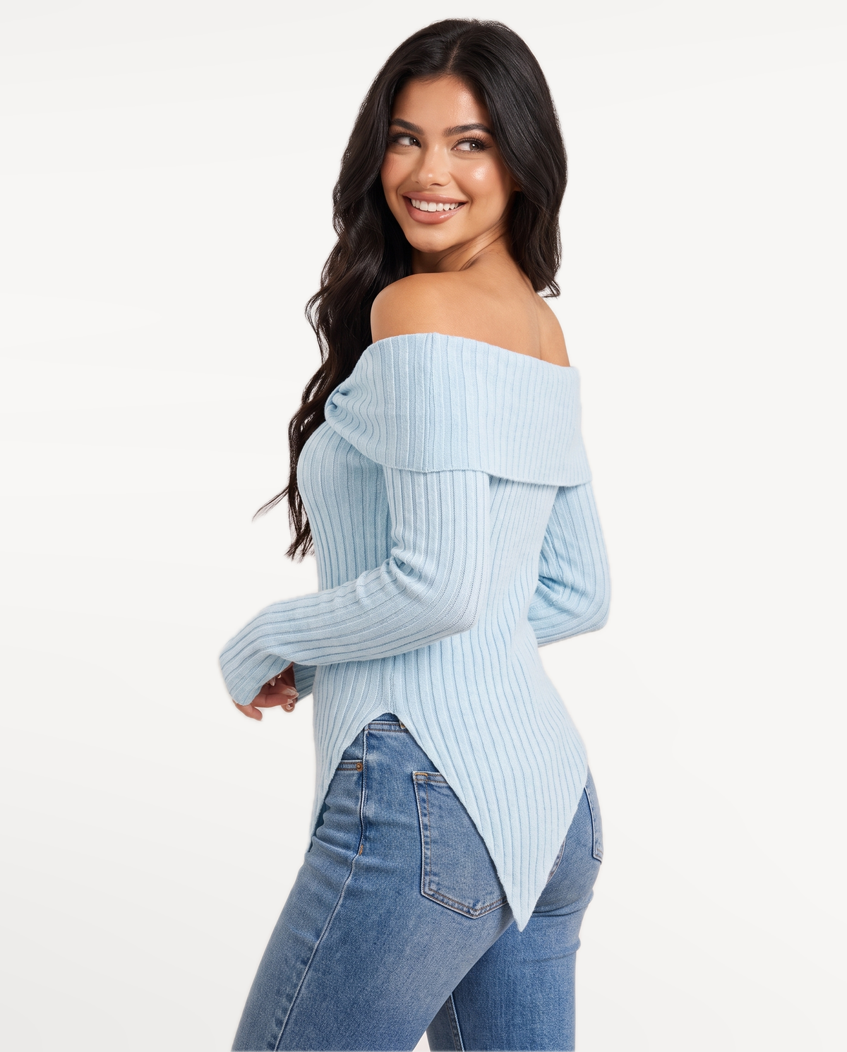 Sabine in Light Blue – over-shoulder smile | SKU: SOR-SAB-LIGHTBLUE-XS,SOR-SAB-LIGHTBLUE-S,SOR-SAB-LIGHTBLUE-M,SOR-SAB-LIGHTBLUE-L,SOR-SAB-LIGHTBLUE-XL