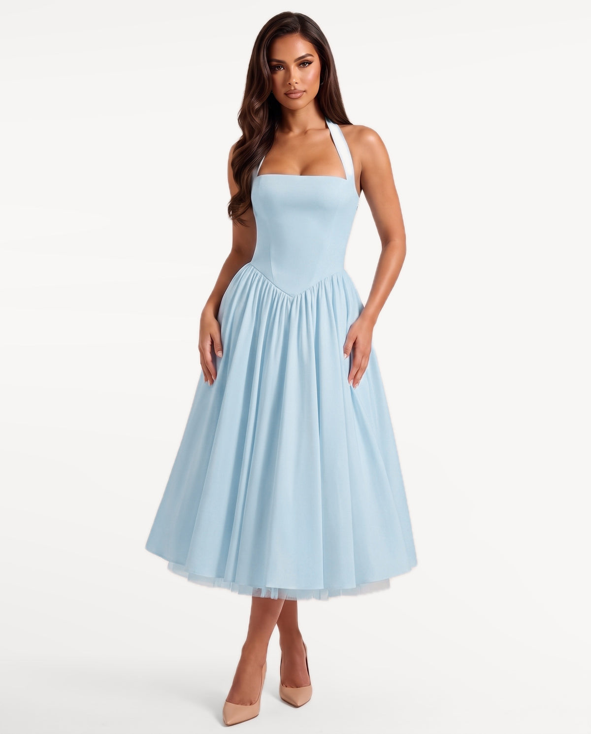 Sabrina Midi Dress in Light Blue – front view