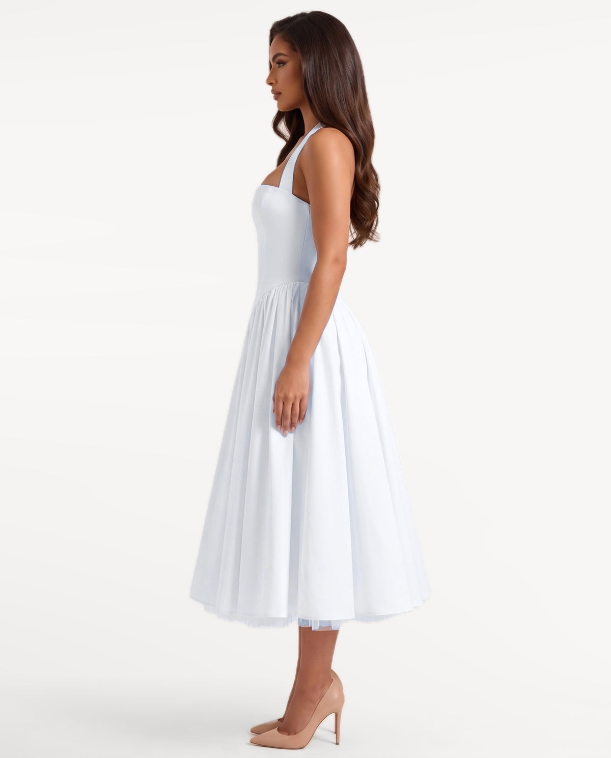 Sabrina Midi Dress in White – side view | SKU: SOR-SABRINA-WHT-XS,SOR-SABRINA-WHT-S,SOR-SABRINA-WHT-M,SOR-SABRINA-WHT-L,SOR-SABRINA-WHT-XL