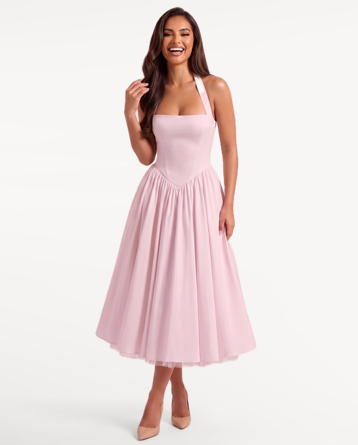 Sabrina Midi Dress in Pink – emotional pose | SKU: SOR-SABRINA-PNK-XS,SOR-SABRINA-PNK-S,SOR-SABRINA-PNK-M,SOR-SABRINA-PNK-L,SOR-SABRINA-PNK-XL
