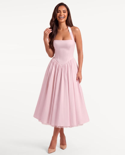 Sabrina Midi Dress in Pink – emotional pose | SKU: SOR-SABRINA-PNK-XS,SOR-SABRINA-PNK-S,SOR-SABRINA-PNK-M,SOR-SABRINA-PNK-L,SOR-SABRINA-PNK-XL