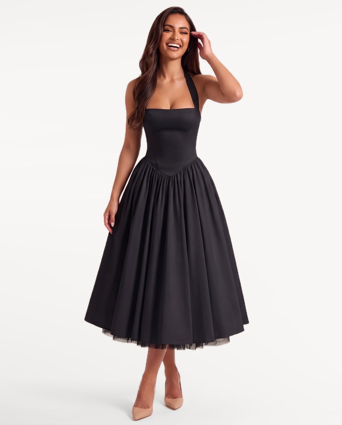 Sabrina Midi Dress in Black – emotional pose | SKU: SOR-SABRINA-BLK-XS,SOR-SABRINA-BLK-S,SOR-SABRINA-BLK-M,SOR-SABRINA-BLK-L,SOR-SABRINA-BLK-XL