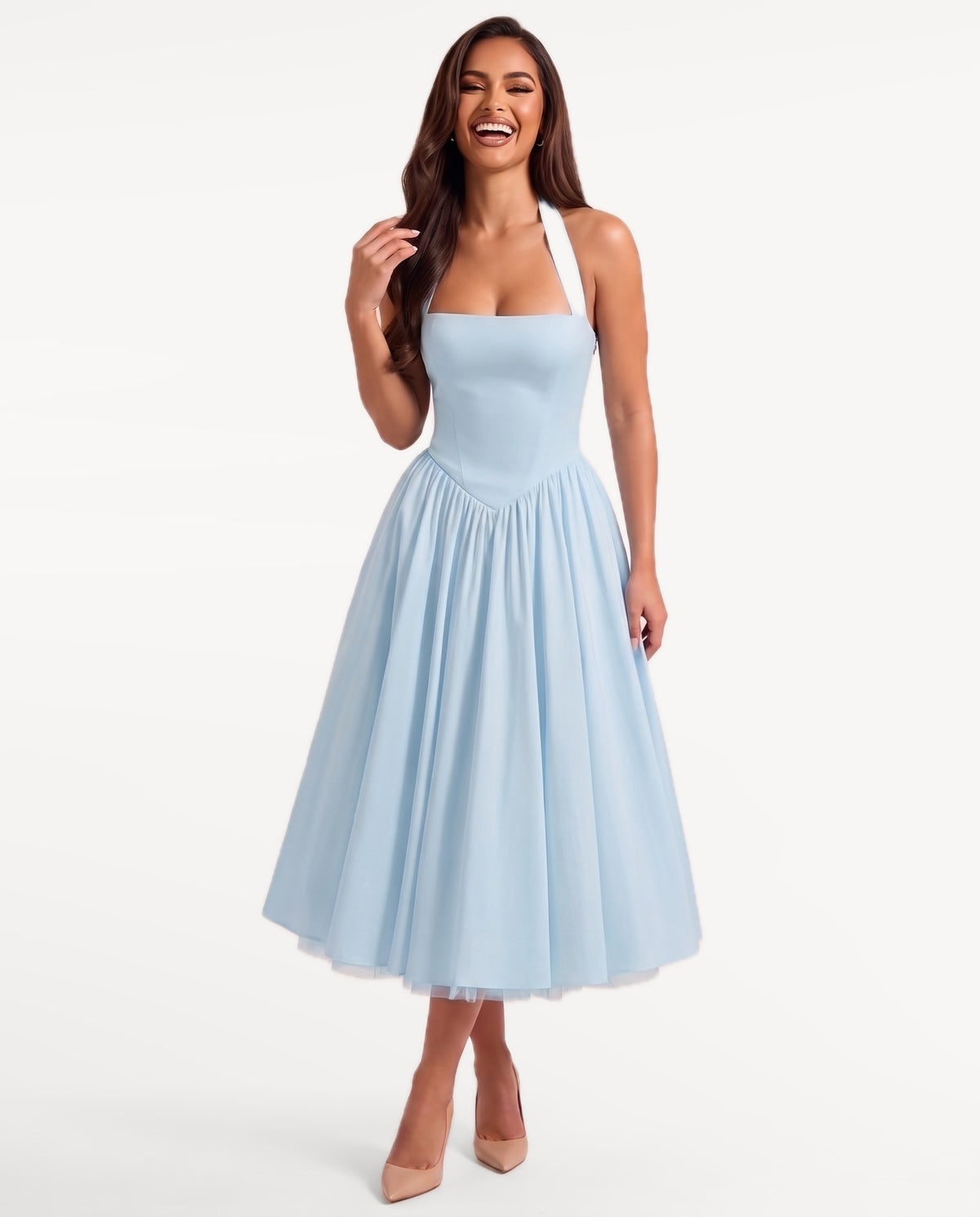 Sabrina Midi Dress in Light Blue – emotional pose | SKU: SOR-SABRINA-LBL-XS,SOR-SABRINA-LBL-S,SOR-SABRINA-LBL-M,SOR-SABRINA-LBL-L,SOR-SABRINA-LBL-XL