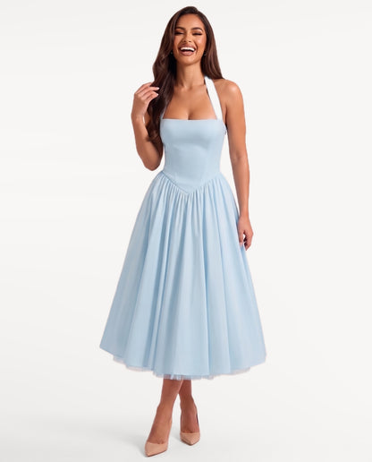 Sabrina Midi Dress in Light Blue – emotional pose | SKU: SOR-SABRINA-LBL-XS,SOR-SABRINA-LBL-S,SOR-SABRINA-LBL-M,SOR-SABRINA-LBL-L,SOR-SABRINA-LBL-XL