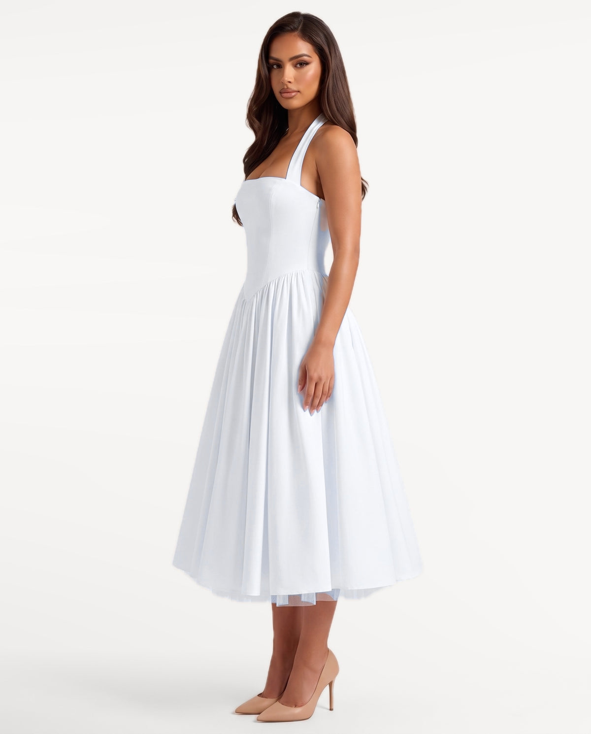 Sabrina Midi Dress in White – side view | SKU: SOR-SABRINA-WHT-XS,SOR-SABRINA-WHT-S,SOR-SABRINA-WHT-M,SOR-SABRINA-WHT-L,SOR-SABRINA-WHT-XL