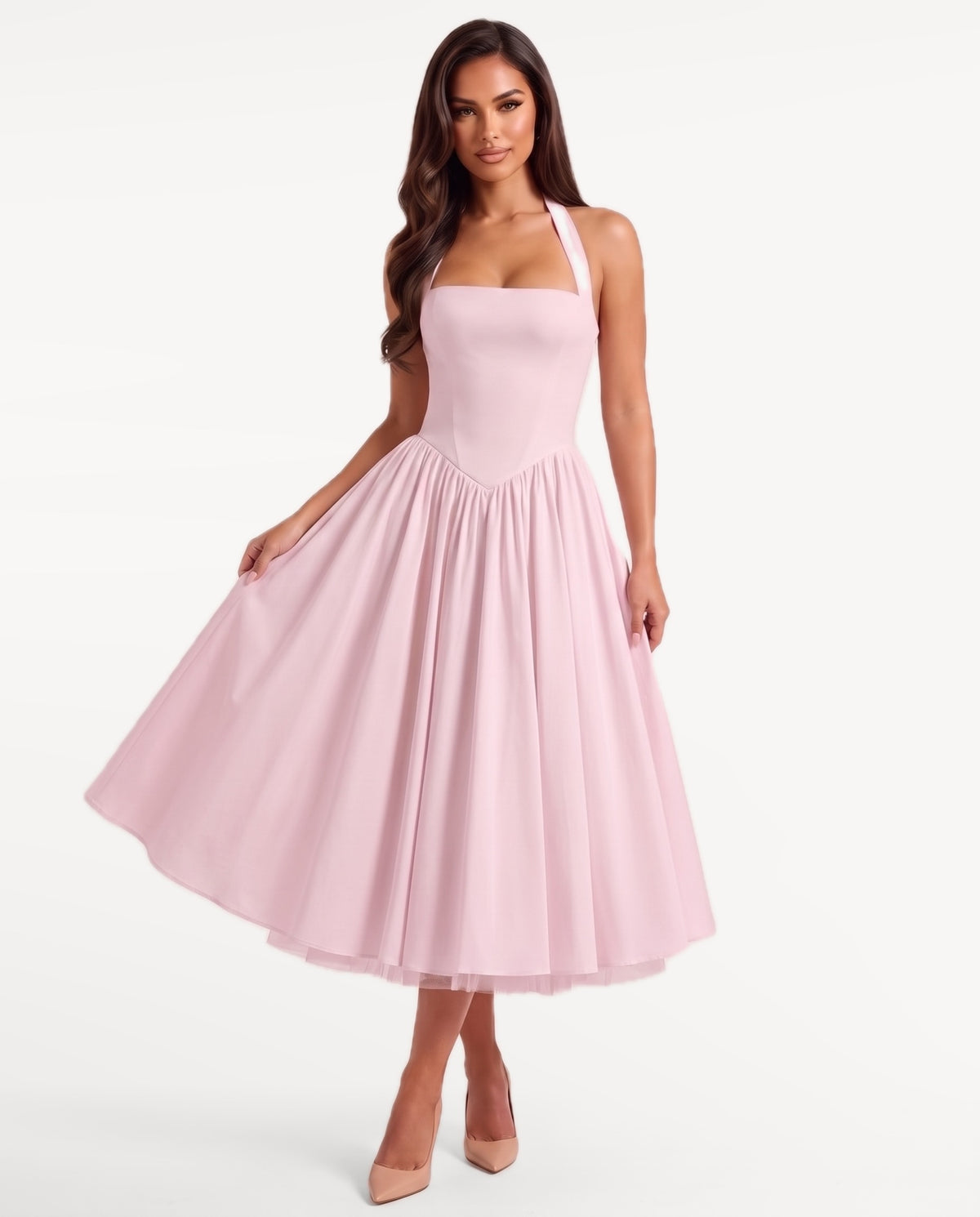 Sabrina Midi Dress in Pink – emotional pose | SKU: SOR-SABRINA-PNK-XS,SOR-SABRINA-PNK-S,SOR-SABRINA-PNK-M,SOR-SABRINA-PNK-L,SOR-SABRINA-PNK-XL