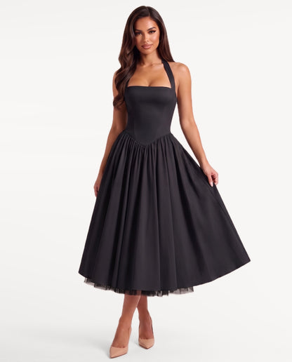 Sabrina Midi Dress in Black – emotional pose | SKU: SOR-SABRINA-BLK-XS,SOR-SABRINA-BLK-S,SOR-SABRINA-BLK-M,SOR-SABRINA-BLK-L,SOR-SABRINA-BLK-XL