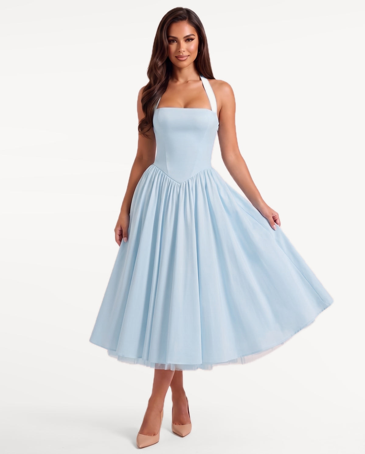 Sabrina Midi Dress in Light Blue – emotional pose | SKU: SOR-SABRINA-LBL-XS,SOR-SABRINA-LBL-S,SOR-SABRINA-LBL-M,SOR-SABRINA-LBL-L,SOR-SABRINA-LBL-XL
