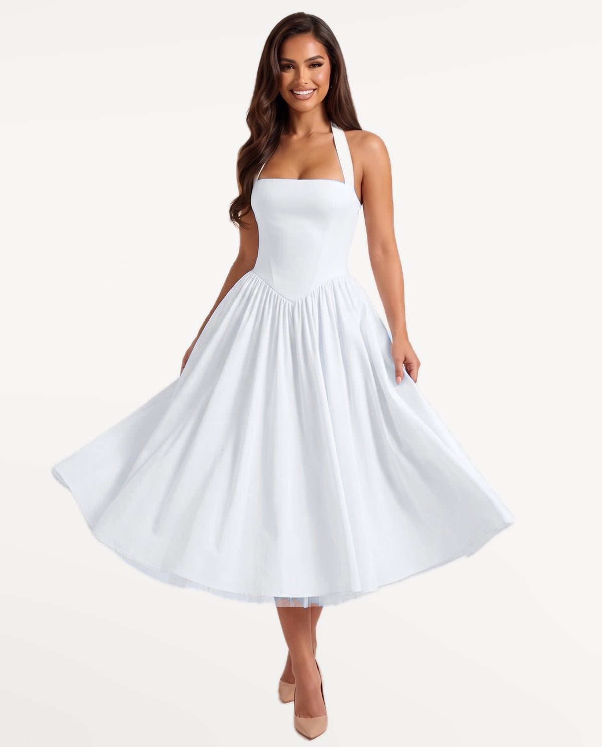 Sabrina Midi Dress in White – in motion | SKU: SOR-SABRINA-WHT-XS,SOR-SABRINA-WHT-S,SOR-SABRINA-WHT-M,SOR-SABRINA-WHT-L,SOR-SABRINA-WHT-XL