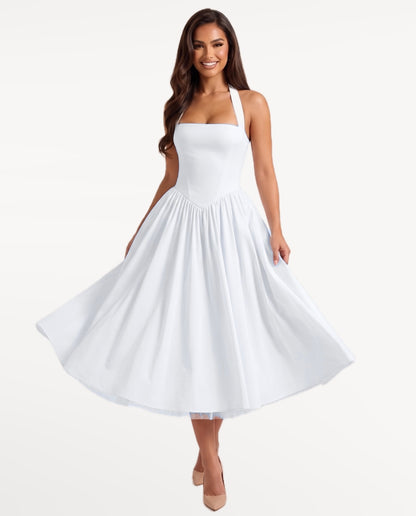 Sabrina Midi Dress in White – in motion | SKU: SOR-SABRINA-WHT-XS,SOR-SABRINA-WHT-S,SOR-SABRINA-WHT-M,SOR-SABRINA-WHT-L,SOR-SABRINA-WHT-XL