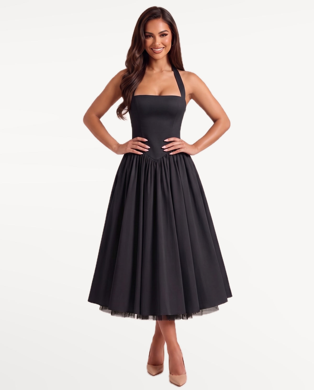 Sabrina Midi Dress in Black – emotional pose | SKU: SOR-SABRINA-BLK-XS,SOR-SABRINA-BLK-S,SOR-SABRINA-BLK-M,SOR-SABRINA-BLK-L,SOR-SABRINA-BLK-XL