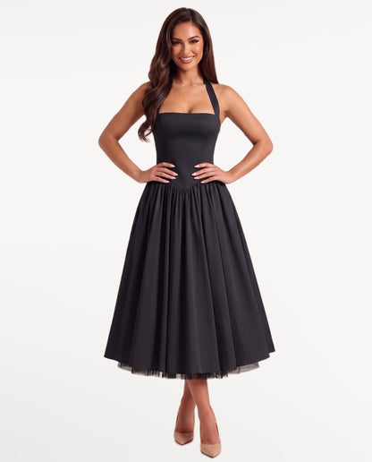 Sabrina Midi Dress in Black – emotional pose | SKU: SOR-SABRINA-BLK-XS,SOR-SABRINA-BLK-S,SOR-SABRINA-BLK-M,SOR-SABRINA-BLK-L,SOR-SABRINA-BLK-XL