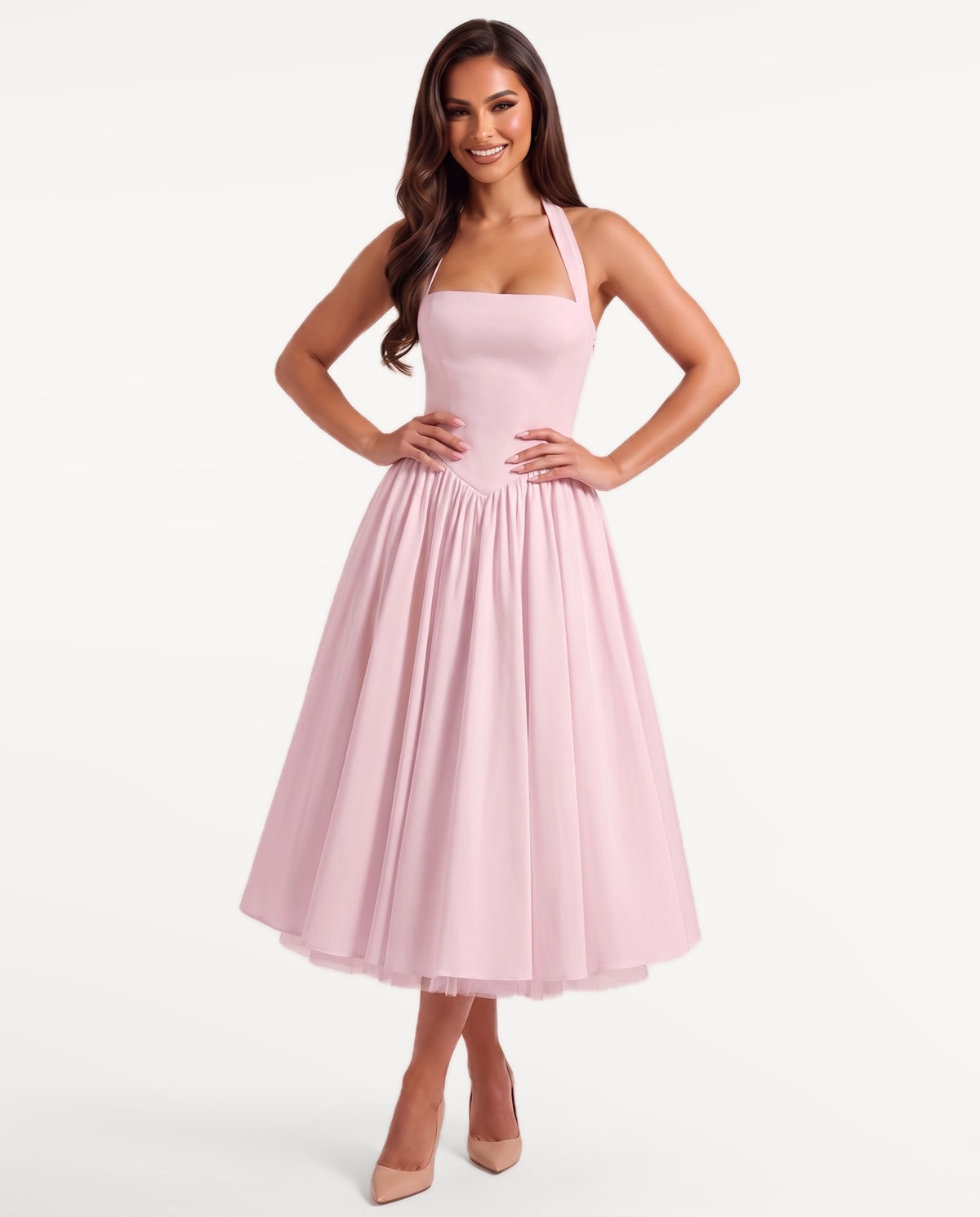 Sabrina Midi Dress in Pink – emotional pose | SKU: SOR-SABRINA-PNK-XS,SOR-SABRINA-PNK-S,SOR-SABRINA-PNK-M,SOR-SABRINA-PNK-L,SOR-SABRINA-PNK-XL