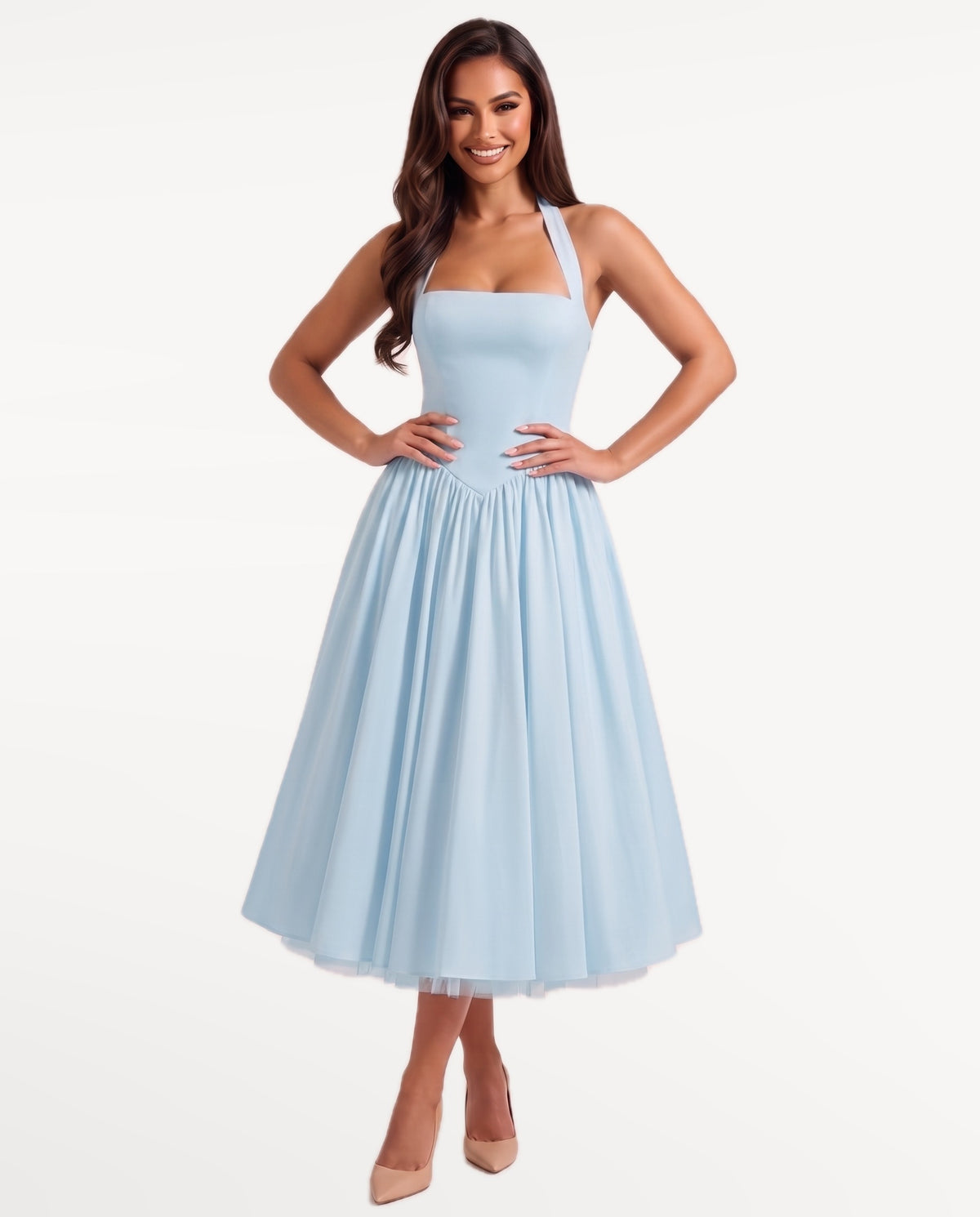 Sabrina Midi Dress in Light Blue – emotional pose | SKU: SOR-SABRINA-LBL-XS,SOR-SABRINA-LBL-S,SOR-SABRINA-LBL-M,SOR-SABRINA-LBL-L,SOR-SABRINA-LBL-XL