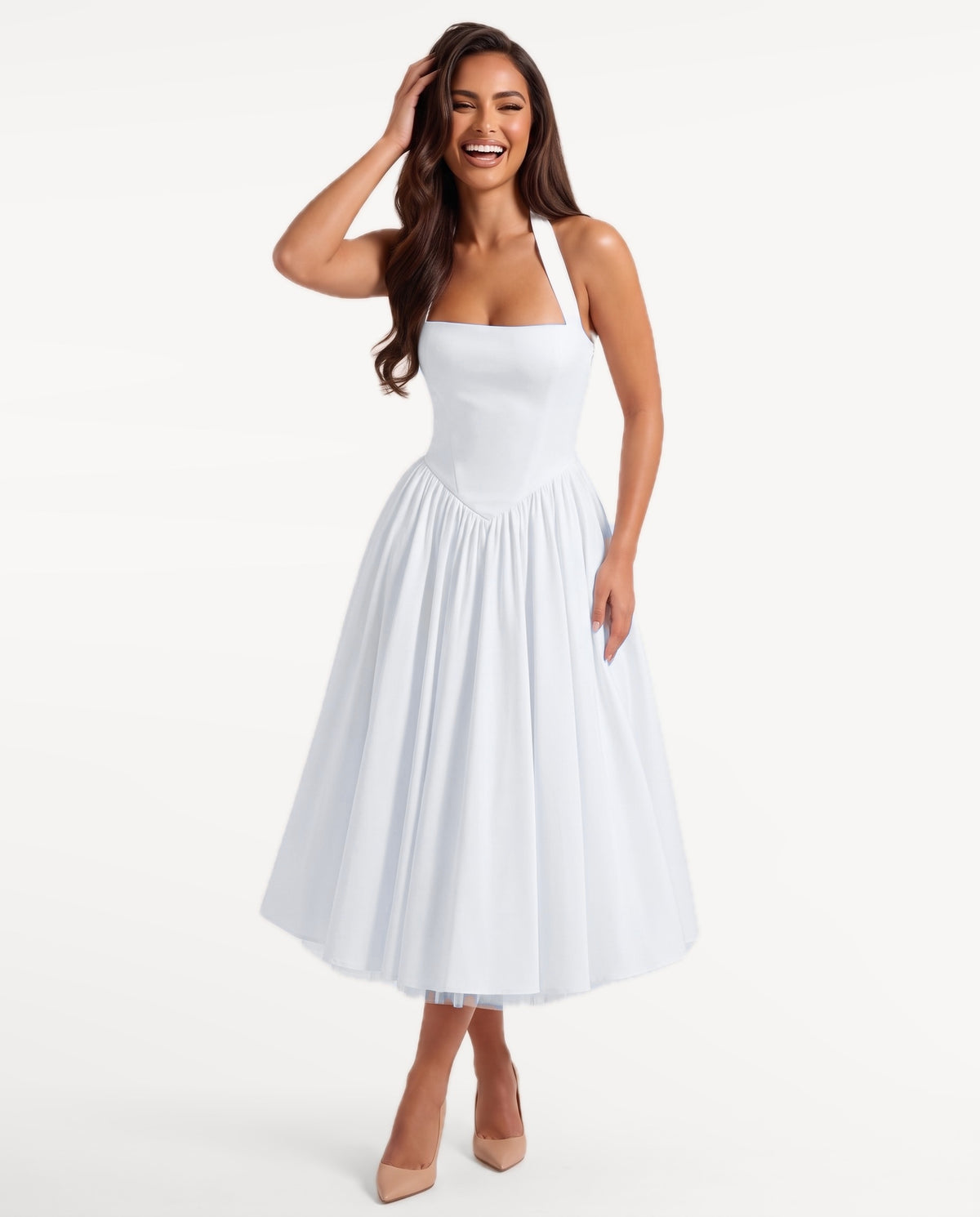 Sabrina Midi Dress in White – emotional pose | SKU: SOR-SABRINA-WHT-XS,SOR-SABRINA-WHT-S,SOR-SABRINA-WHT-M,SOR-SABRINA-WHT-L,SOR-SABRINA-WHT-XL
