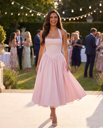 Sabrina Midi Dress in Pink – lifestyle | SKU: SOR-SABRINA-PNK-XS,SOR-SABRINA-PNK-S,SOR-SABRINA-PNK-M,SOR-SABRINA-PNK-L,SOR-SABRINA-PNK-XL