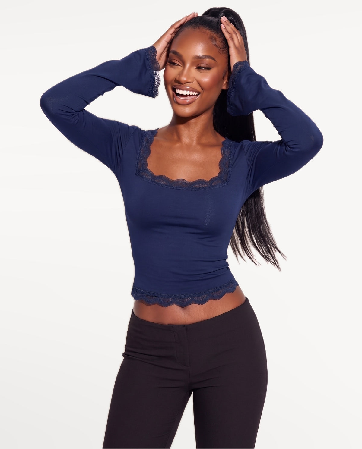 Selene Lace Top in Deep Blue – emotional pose