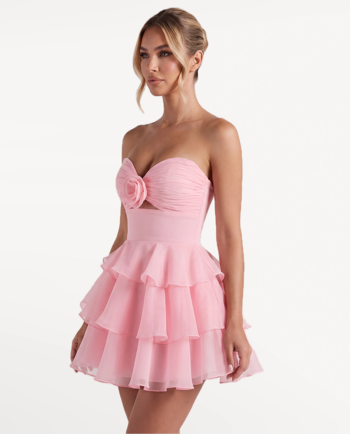 Rosette Mini Dress in Pink — left profile | SKU: SOR-ROSETTE-PNK-XS,SOR-ROSETTE-PNK-S,SOR-ROSETTE-PNK-M,SOR-ROSETTE-PNK-L,SOR-ROSETTE-PNK-XL