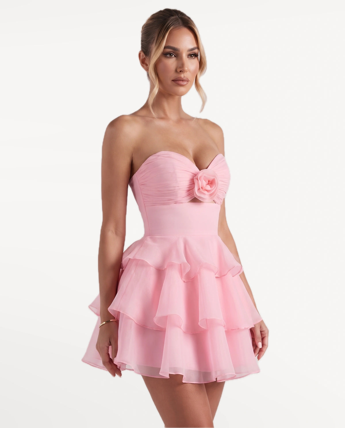Rosette Mini Dress in Pink — right profile | SKU: SOR-ROSETTE-PNK-XS,SOR-ROSETTE-PNK-S,SOR-ROSETTE-PNK-M,SOR-ROSETTE-PNK-L,SOR-ROSETTE-PNK-XL