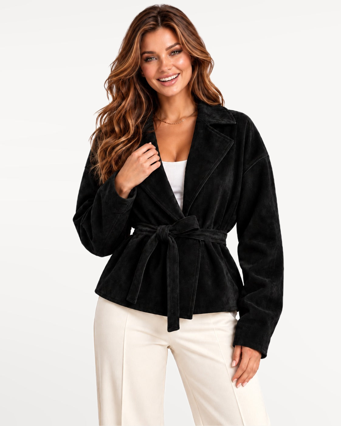 Sloane Suede Jacket in Black – over the shoulder | SKU: SOR-SLO-BLACK-XS,SOR-SLO-BLACK-S,SOR-SLO-BLACK-M,SOR-SLO-BLACK-L,SOR-SLO-BLACK-XL