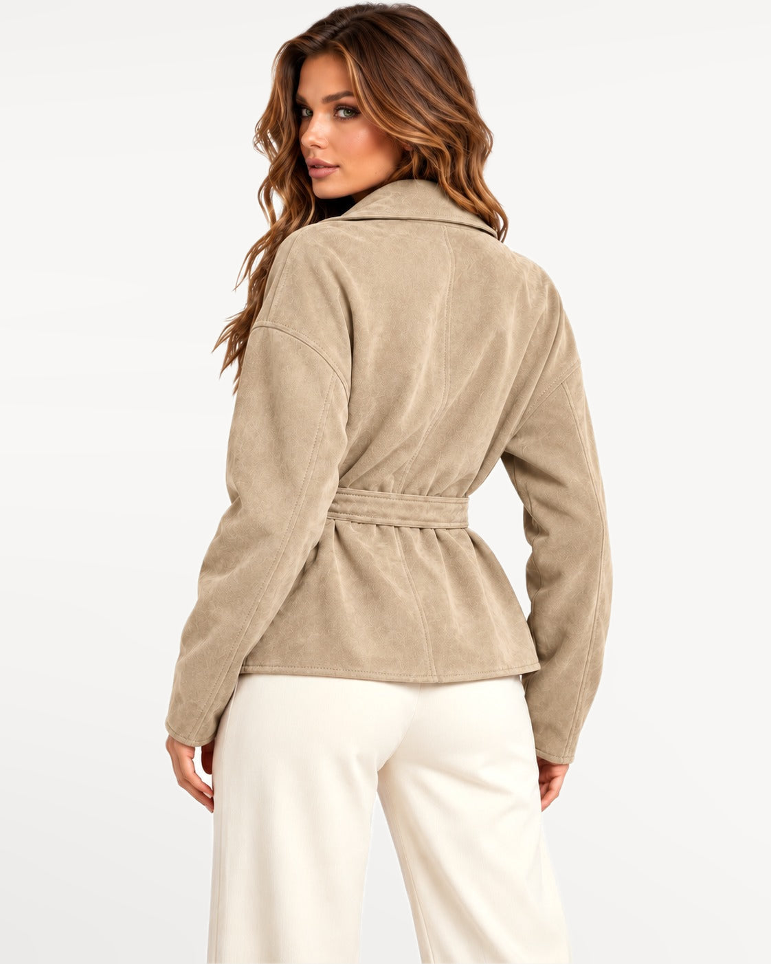 Sloane Suede Jacket in Khaki – back view | SKU: SOR-SLO-KHAKI-XS,SOR-SLO-KHAKI-S,SOR-SLO-KHAKI-M,SOR-SLO-KHAKI-L,SOR-SLO-KHAKI-XL