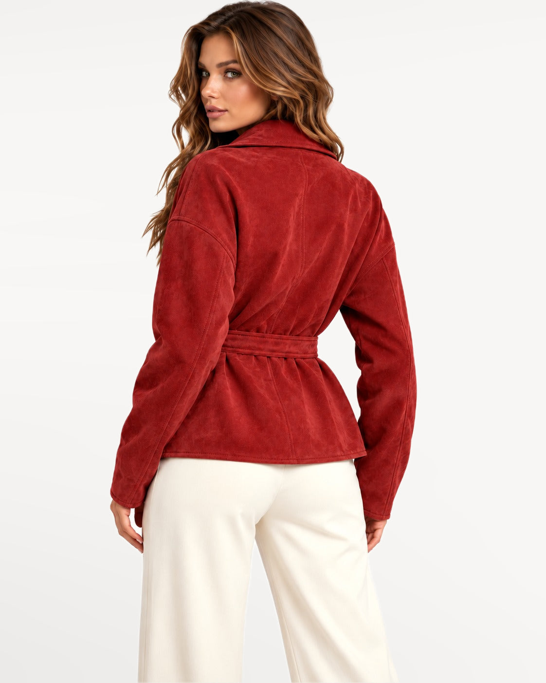 Sloane Suede Jacket in Red – back view | SKU: SOR-SLO-RED-XS,SOR-SLO-RED-S,SOR-SLO-RED-M,SOR-SLO-RED-L,SOR-SLO-RED-XL