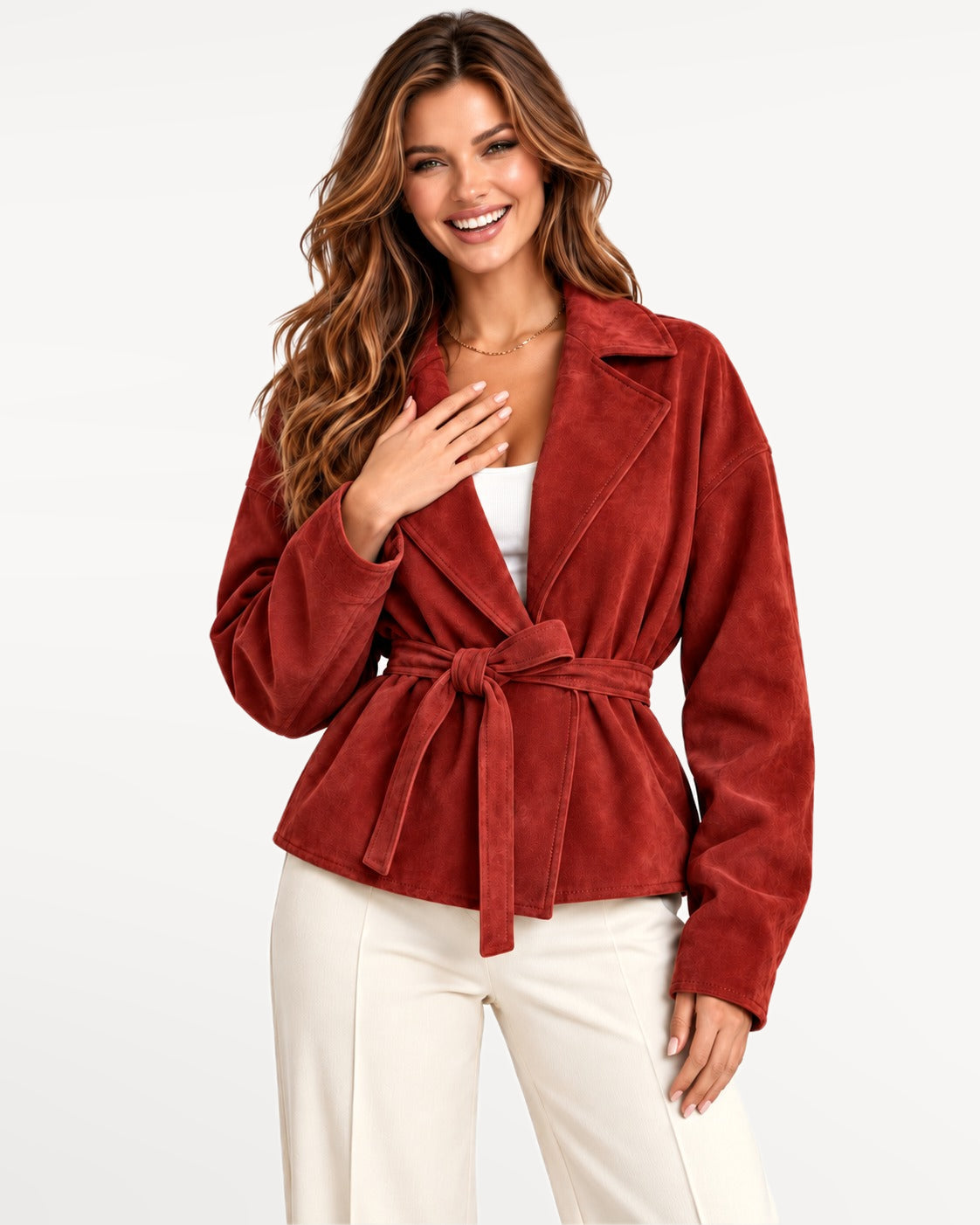 Sloane Suede Jacket in Red – hands on hips | SKU: SOR-SLO-RED-XS,SOR-SLO-RED-S,SOR-SLO-RED-M,SOR-SLO-RED-L,SOR-SLO-RED-XL