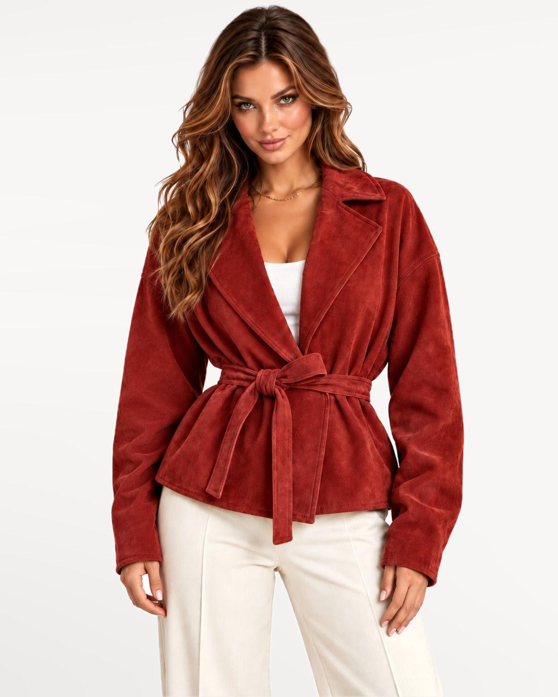 Sloane Suede Jacket in Red – over the shoulder | SKU: SOR-SLO-RED-XS,SOR-SLO-RED-S,SOR-SLO-RED-M,SOR-SLO-RED-L,SOR-SLO-RED-XL