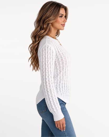 Solenne Knit Sweater in White – Opposite side view | SKU: SKS-427816935204671-WHITE-XS,SKS-427816935204671-WHITE-S,SKS-427816935204671-WHITE-M,SKS-427816935204671-WHITE-L,SKS-427816935204671-WHITE-XL