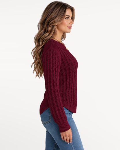Solenne Knit Sweater in Burgundy – Opposite side view | SKU: SKS-427816935204671-BURGUNDY-XS,SKS-427816935204671-BURGUNDY-S,SKS-427816935204671-BURGUNDY-M,SKS-427816935204671-BURGUNDY-L,SKS-427816935204671-BURGUNDY-XL