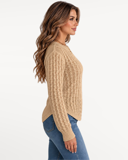 Solenne Knit Sweater in Khaki – Opposite side view | SKU: SKS-427816935204671-KHAKI-XS,SKS-427816935204671-KHAKI-S,SKS-427816935204671-KHAKI-M,SKS-427816935204671-KHAKI-L,SKS-427816935204671-KHAKI-XL
