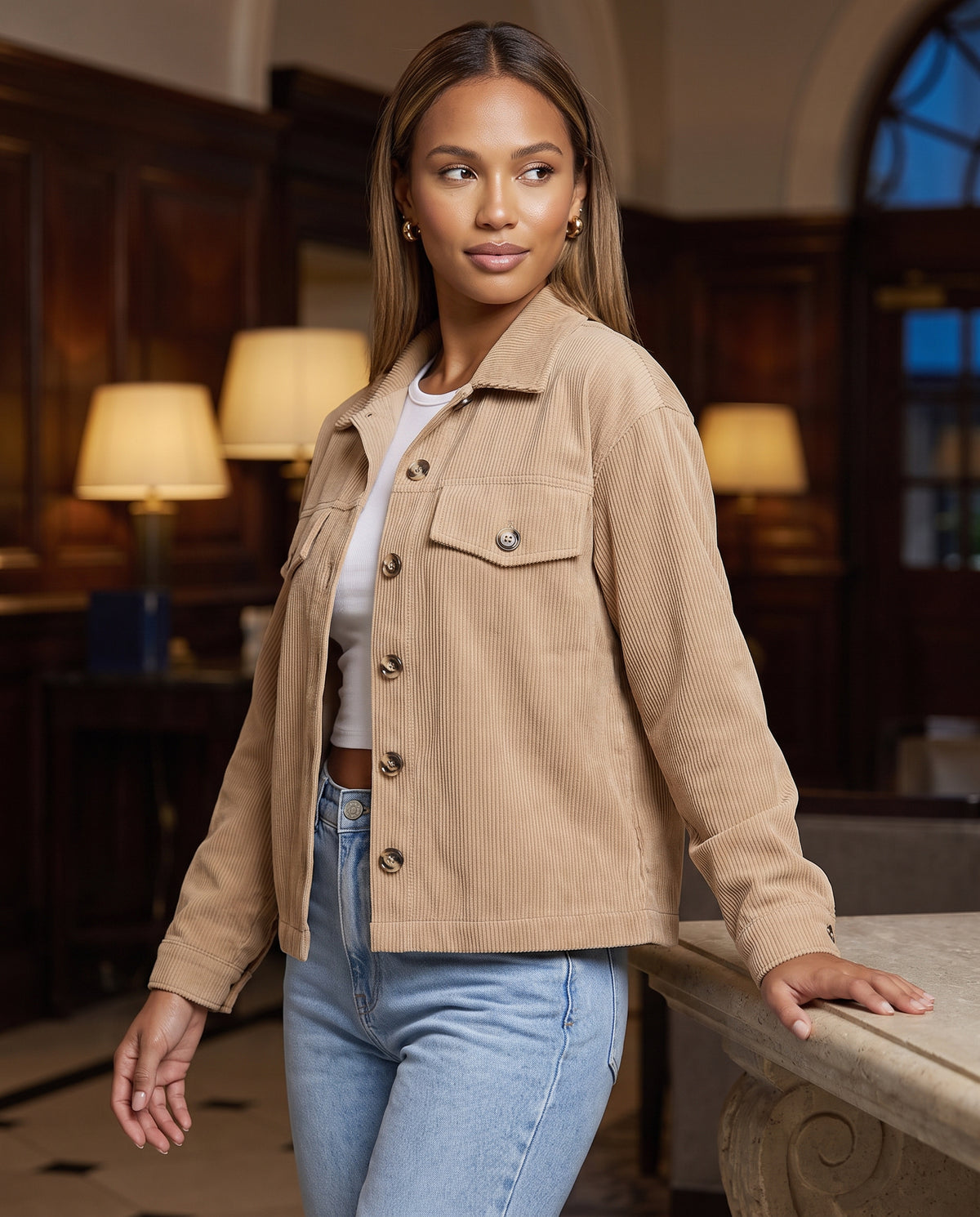 Tessa Corduroy Jacket in Beige – lifestyle | SKU: SOR-TESSA-BEI-XS,SOR-TESSA-BEI-S,SOR-TESSA-BEI-M,SOR-TESSA-BEI-L,SOR-TESSA-BEI-XL