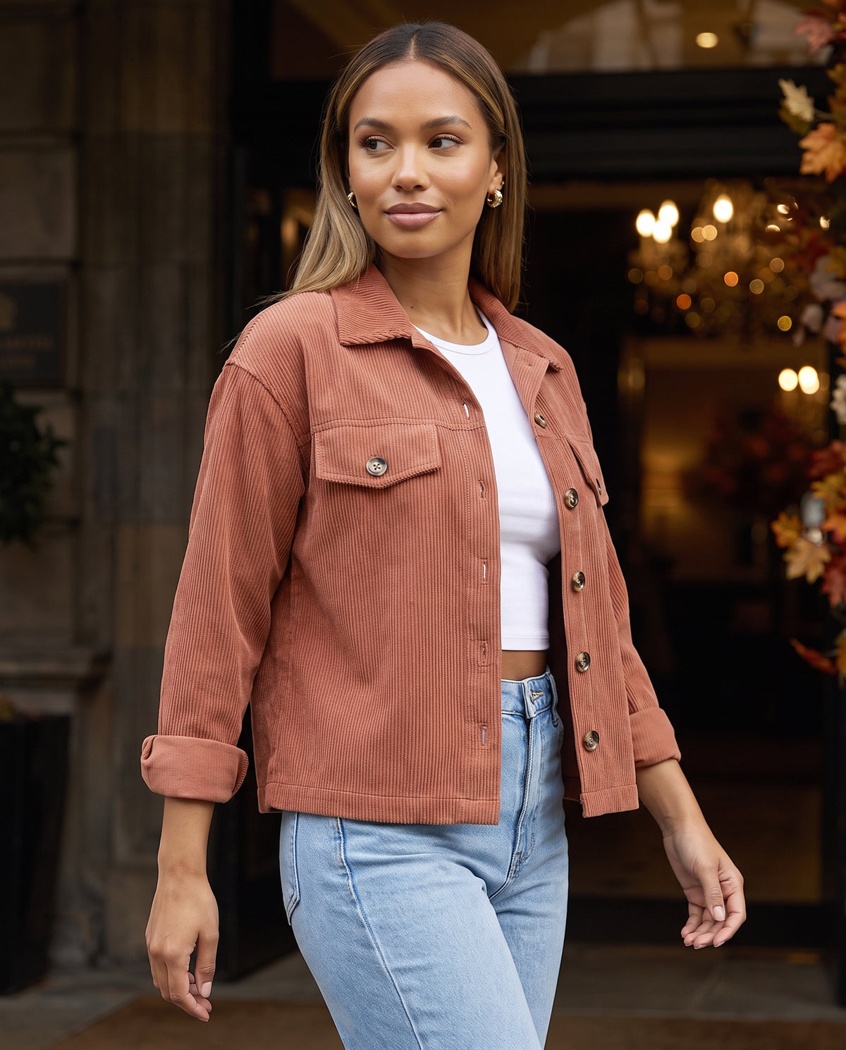 Tessa Corduroy Jacket in Coffee – lifestyle | SKU: SOR-TESSA-COF-XS,SOR-TESSA-COF-S,SOR-TESSA-COF-M,SOR-TESSA-COF-L,SOR-TESSA-COF-XL