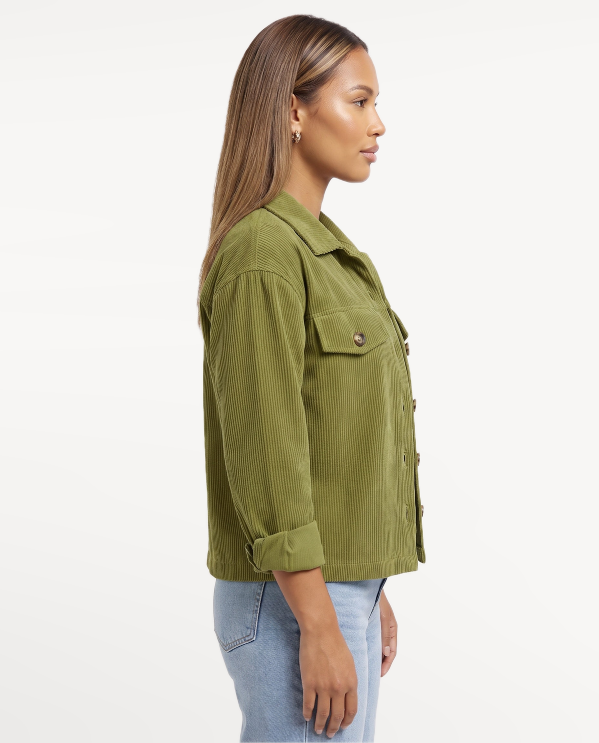 Tessa Corduroy Jacket in Green – side view, right | SKU: SOR-TESSA-GRN-XS,SOR-TESSA-GRN-S,SOR-TESSA-GRN-M,SOR-TESSA-GRN-L,SOR-TESSA-GRN-XL