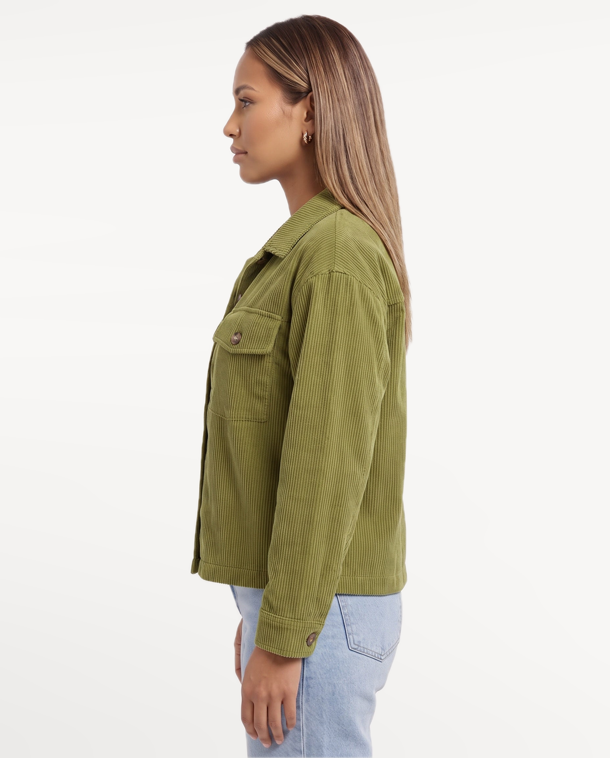 Tessa Corduroy Jacket in Green – side view, left | SKU: SOR-TESSA-GRN-XS,SOR-TESSA-GRN-S,SOR-TESSA-GRN-M,SOR-TESSA-GRN-L,SOR-TESSA-GRN-XL