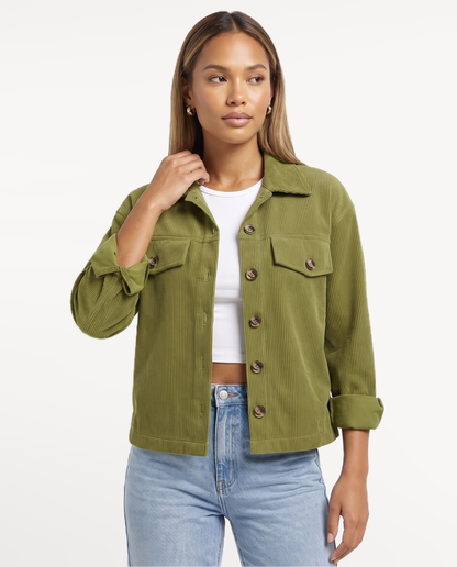 Tessa Corduroy Jacket in Green – holding the collar | SKU: SOR-TESSA-GRN-XS,SOR-TESSA-GRN-S,SOR-TESSA-GRN-M,SOR-TESSA-GRN-L,SOR-TESSA-GRN-XL