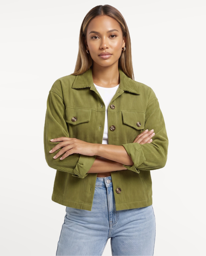 Tessa Corduroy Jacket in Green – arms folded | SKU: SOR-TESSA-GRN-XS,SOR-TESSA-GRN-S,SOR-TESSA-GRN-M,SOR-TESSA-GRN-L,SOR-TESSA-GRN-XL