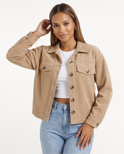Tessa Corduroy Jacket in Beige – expressive studio portrait | SKU: SOR-TESSA-BEI-XS,SOR-TESSA-BEI-S,SOR-TESSA-BEI-M,SOR-TESSA-BEI-L,SOR-TESSA-BEI-XL
