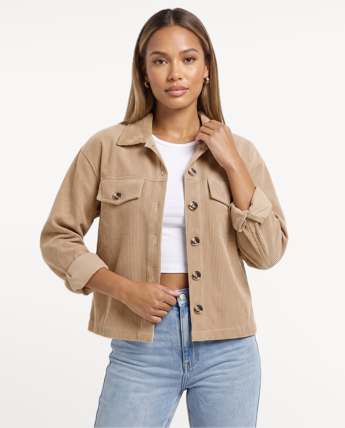 Tessa Corduroy Jacket in Beige – thoughtful studio portrait | SKU: SOR-TESSA-BEI-XS,SOR-TESSA-BEI-S,SOR-TESSA-BEI-M,SOR-TESSA-BEI-L,SOR-TESSA-BEI-XL