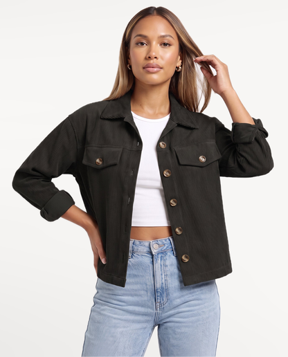 Tessa Corduroy Jacket in Black – expressive studio portrait | SKU: SOR-TESSA-BLK-XS,SOR-TESSA-BLK-S,SOR-TESSA-BLK-M,SOR-TESSA-BLK-L,SOR-TESSA-BLK-XL