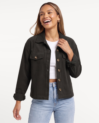 Tessa Corduroy Jacket in Black – natural smile, studio | SKU: SOR-TESSA-BLK-XS,SOR-TESSA-BLK-S,SOR-TESSA-BLK-M,SOR-TESSA-BLK-L,SOR-TESSA-BLK-XL