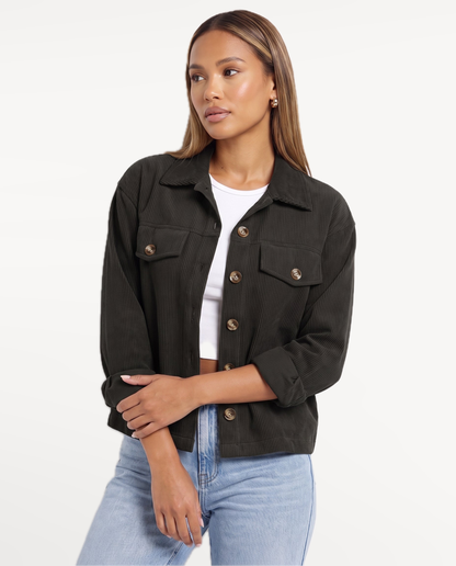 Tessa Corduroy Jacket in Black – thoughtful studio portrait | SKU: SOR-TESSA-BLK-XS,SOR-TESSA-BLK-S,SOR-TESSA-BLK-M,SOR-TESSA-BLK-L,SOR-TESSA-BLK-XL
